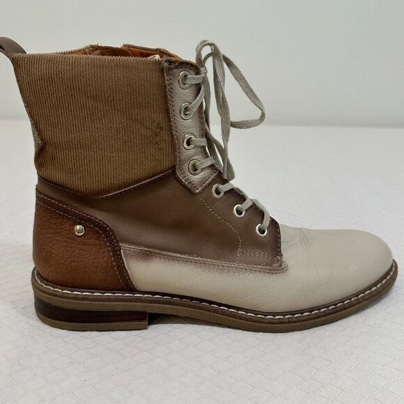 PIKOLINOS Two-Tone Leather & Canvas Lace-Up Boots | Tan & Cream | Women’s Size - Picture 10 of 11